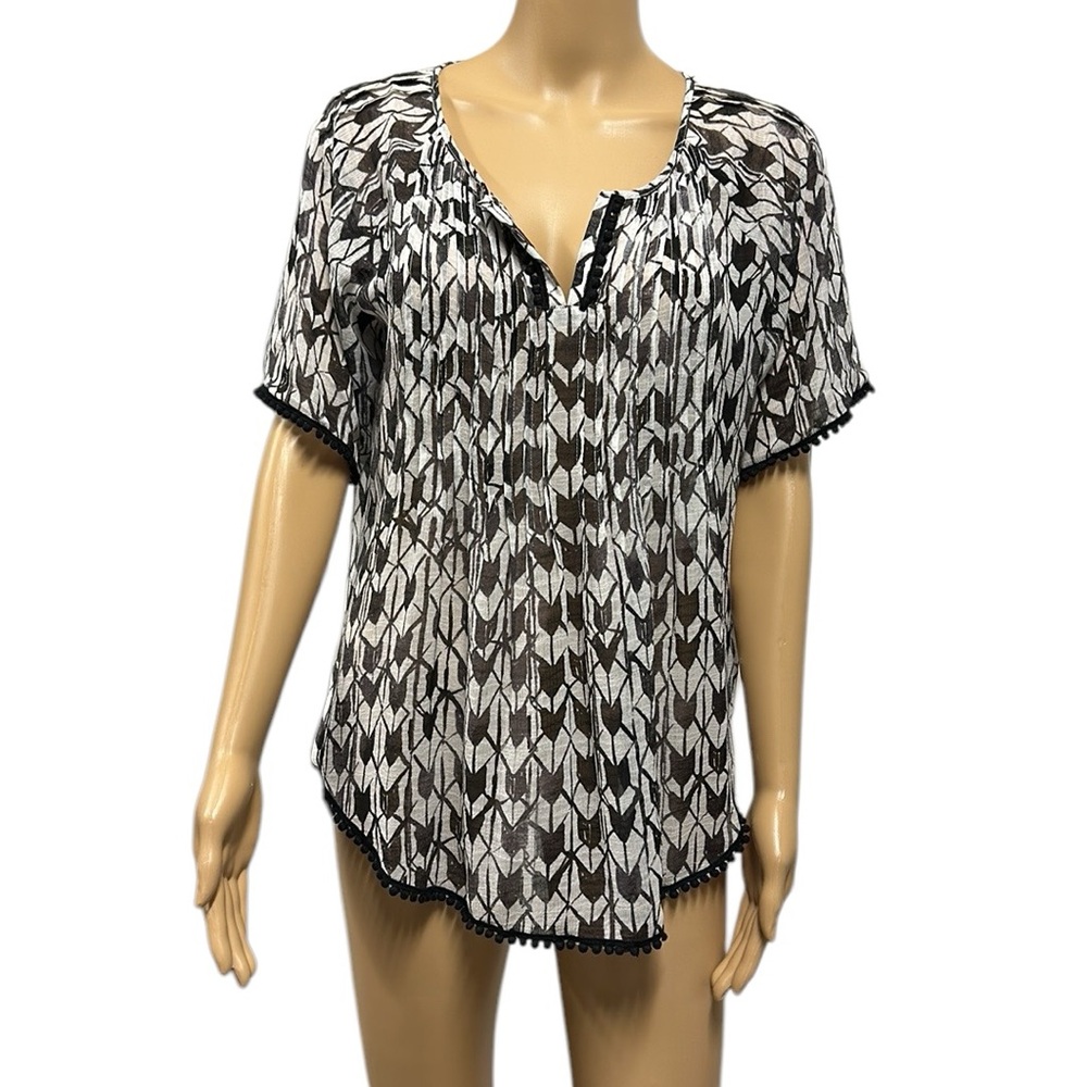 Two by Vince Camuto Black White Split Neck Semi Sheer Pom Pom Blouse Top Small